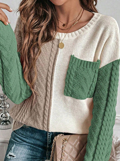 Green Pink Boho Retro Vintage 60's  Drop Shoulder Cable Knit Sleeve  Cozy Pocketed Sweater