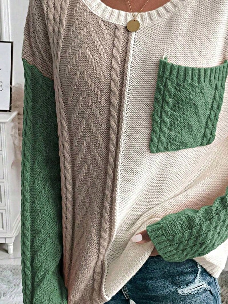 Green Pink Boho Retro Vintage 60's  Drop Shoulder Cable Knit Sleeve  Cozy Pocketed Sweater