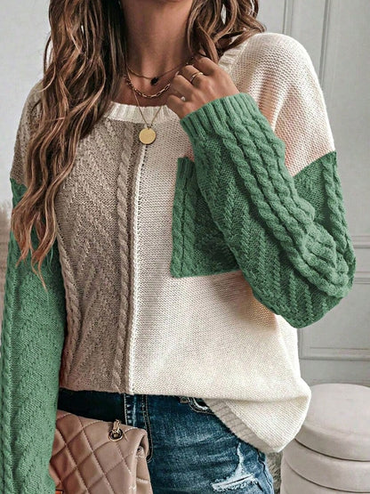 Green Pink Boho Retro Vintage 60's  Drop Shoulder Cable Knit Sleeve  Cozy Pocketed Sweater