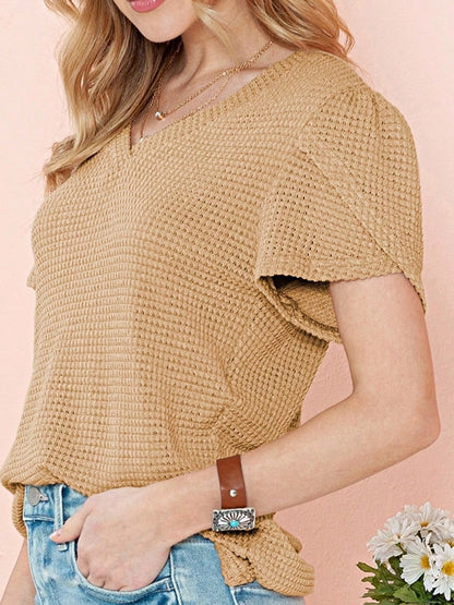 Boho Retro Vintage 90's  Khaki Beige  Viscose Waffle Tulip Petal Sleeve Knit Top Shirt Blouse