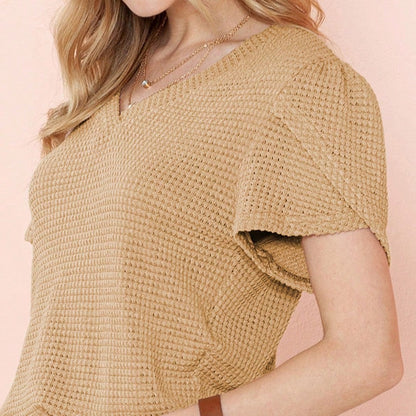 Boho Retro Vintage 90's  Khaki Beige  Viscose Waffle Tulip Petal Sleeve Knit Top Shirt Blouse