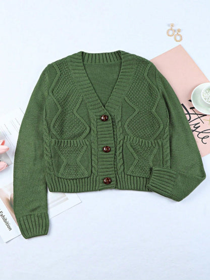 Boho Retro Vintage 60's Floral  Button Front Cable Knit Pocketed Green Khaki Applique Cropped Sweater Cardigan