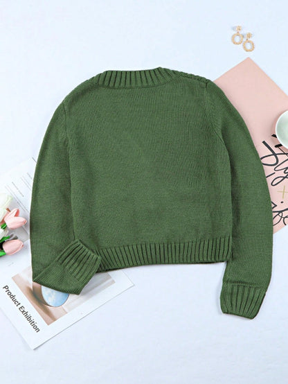 Boho Retro Vintage 60's Floral  Button Front Cable Knit Pocketed Green Khaki Applique Cropped Sweater Cardigan