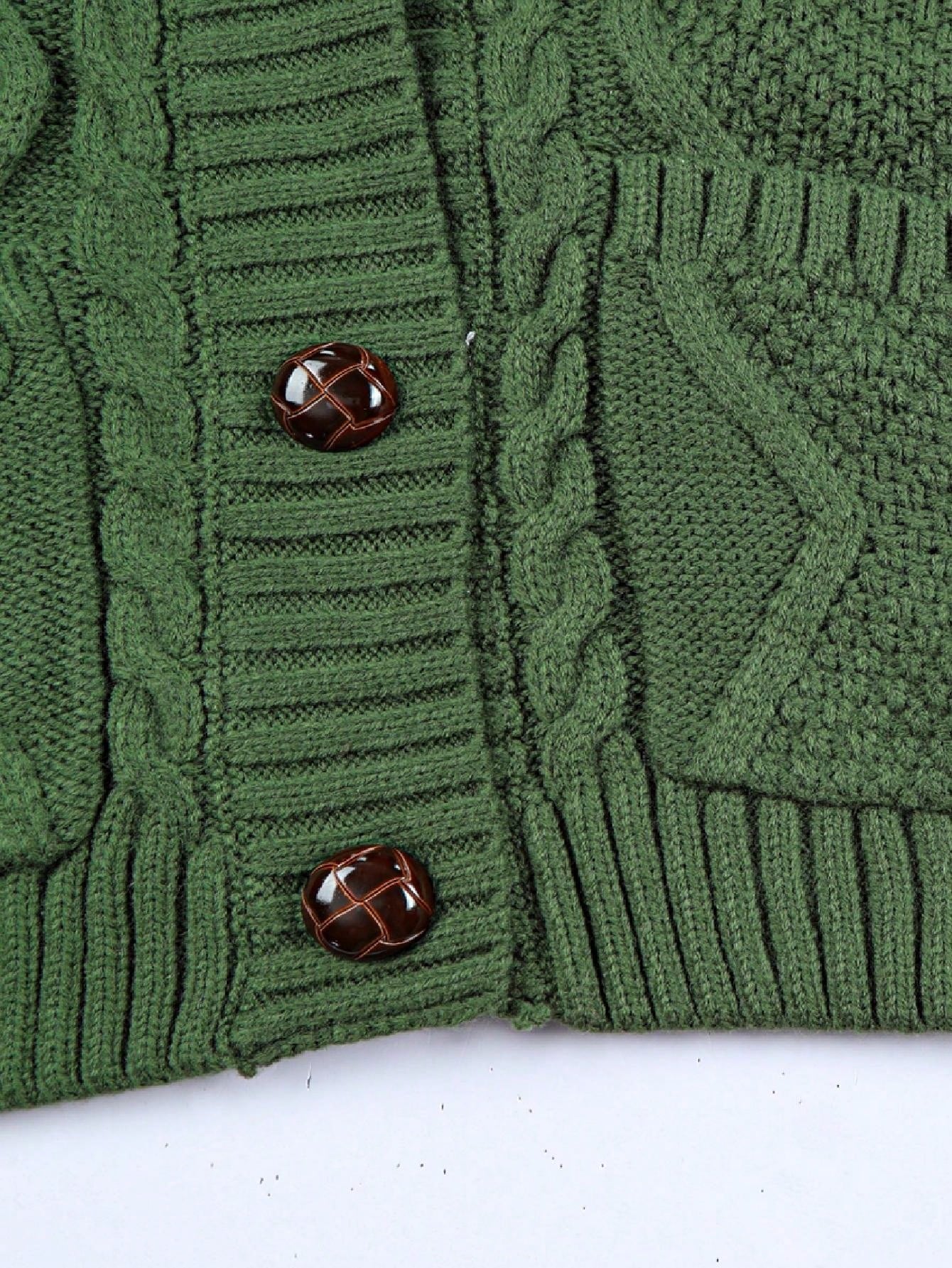 Boho Retro Vintage 60's Floral  Button Front Cable Knit Pocketed Green Khaki Applique Cropped Sweater Cardigan