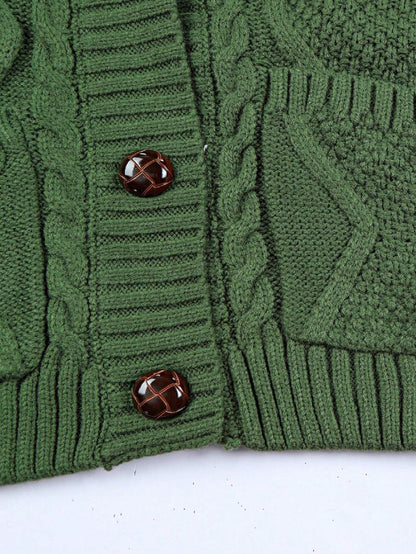 Boho Retro Vintage 60's Floral  Button Front Cable Knit Pocketed Green Khaki Applique Cropped Sweater Cardigan