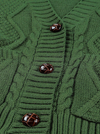 Boho Retro Vintage 60's Floral  Button Front Cable Knit Pocketed Green Khaki Applique Cropped Sweater Cardigan