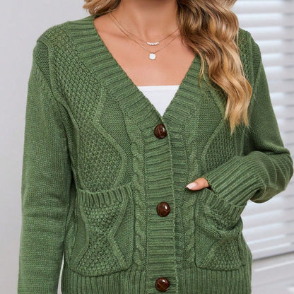 Boho Retro Vintage 60's Floral  Button Front Cable Knit Pocketed Green Khaki Applique Cropped Sweater Cardigan