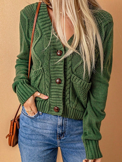 Boho Retro Vintage 60's Floral  Button Front Cable Knit Pocketed Green Khaki Applique Cropped Sweater Cardigan