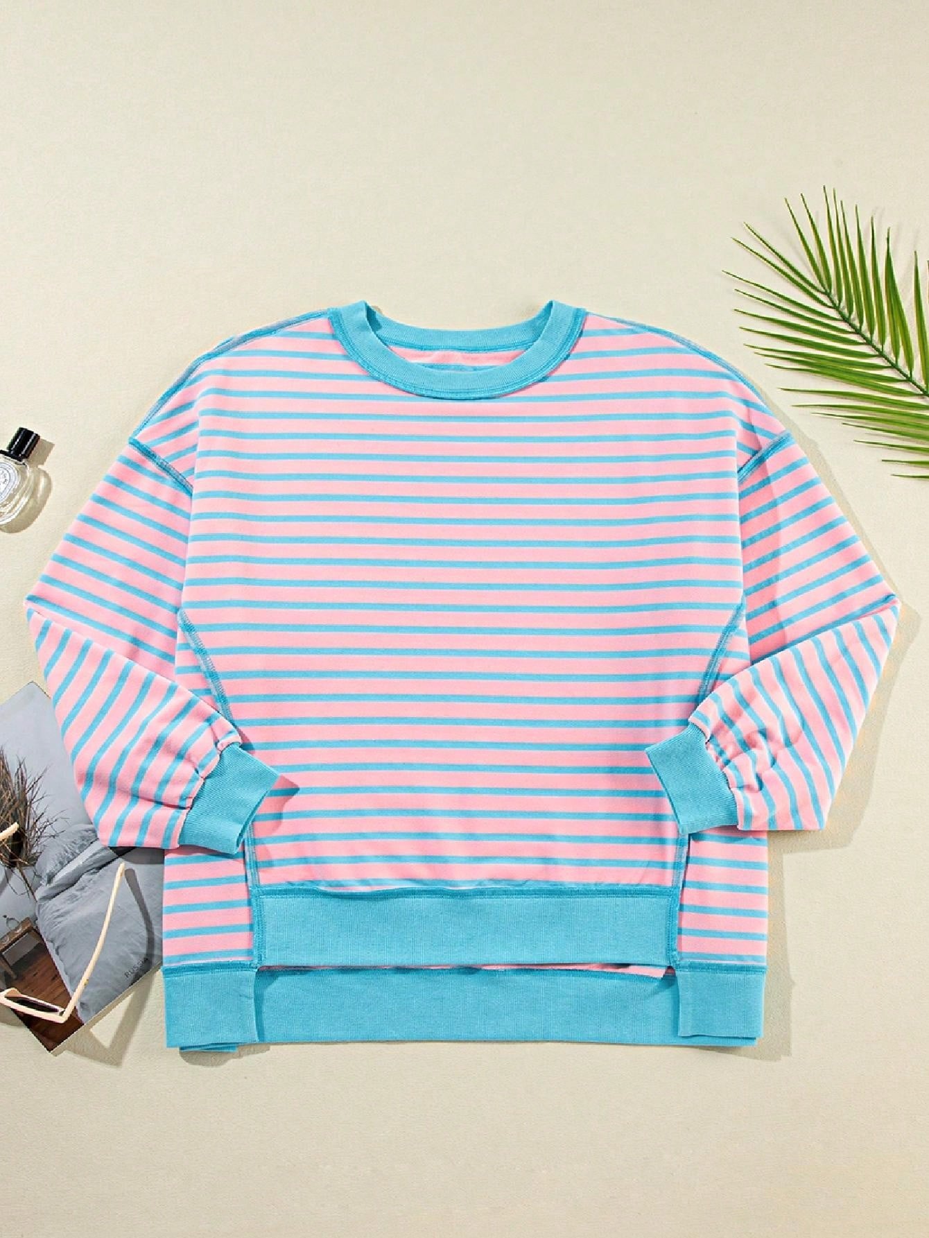 Boho Retro 90's Cotton Mix  Drop Shoulder Pink Mint Stripe Color Block Oversized Dolman T Shirt Top Shirt Blouse | Small-3 XL
