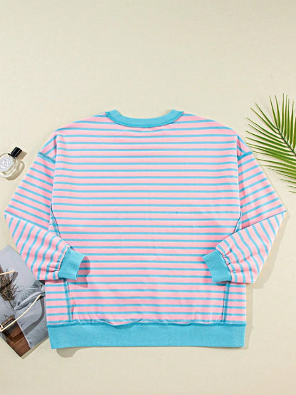 Boho Retro 90's Cotton Mix  Drop Shoulder Pink Mint Stripe Color Block Oversized Dolman T Shirt Top Shirt Blouse | Small-3 XL