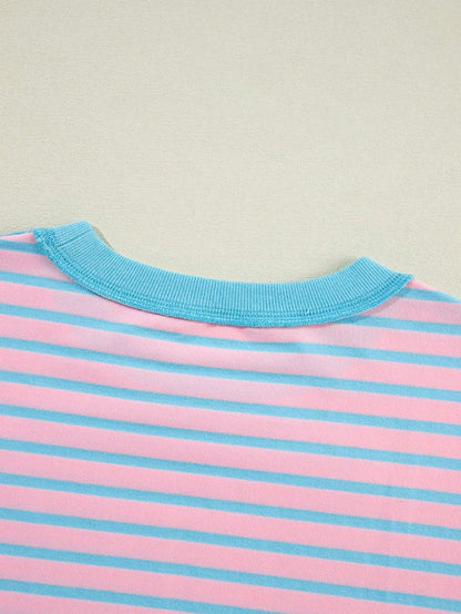 Boho Retro 90's Cotton Mix  Drop Shoulder Pink Mint Stripe Color Block Oversized Dolman T Shirt Top Shirt Blouse | Small-3 XL