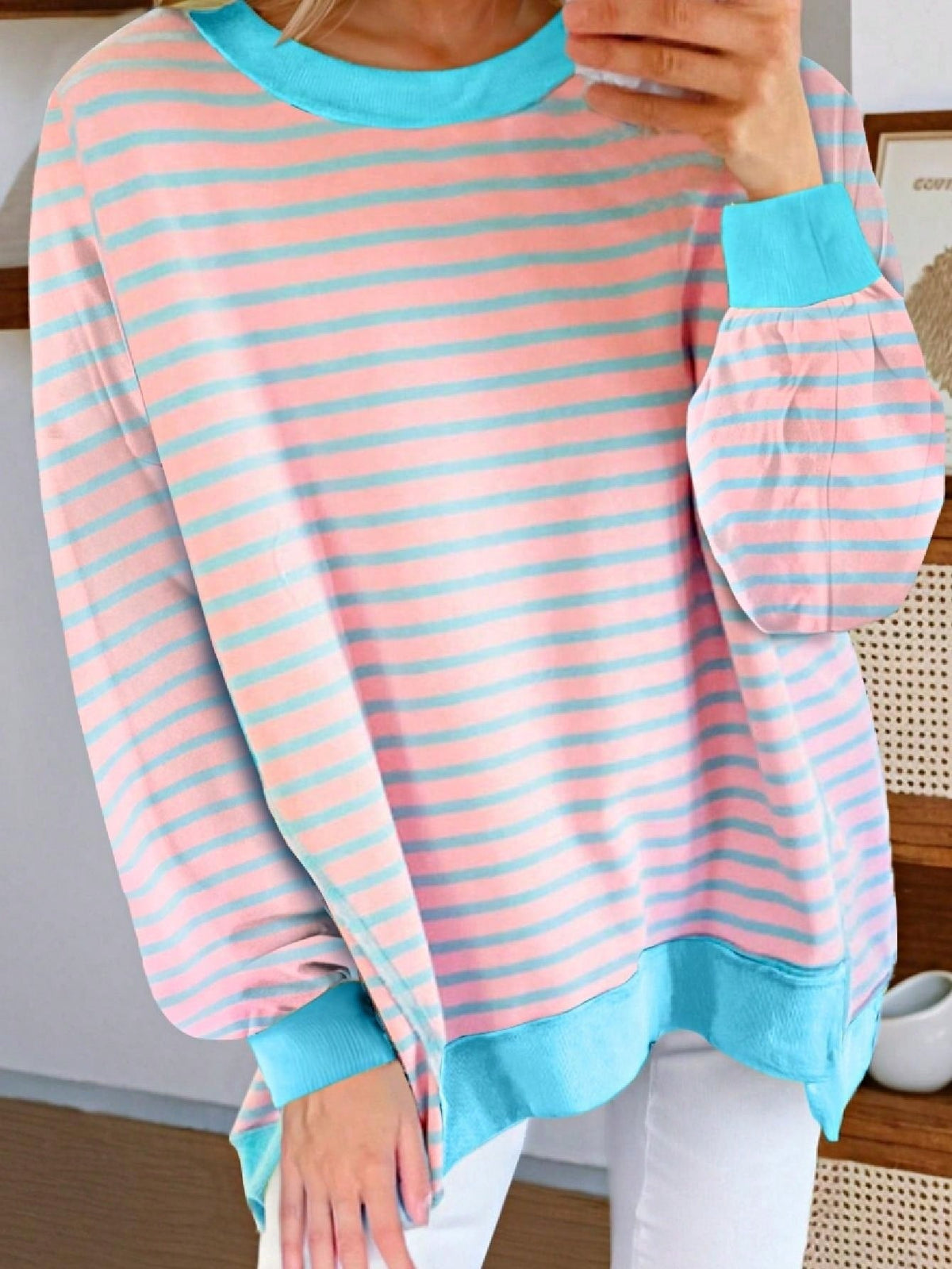 Boho Retro 90's Cotton Mix  Drop Shoulder Pink Mint Stripe Color Block Oversized Dolman T Shirt Top Shirt Blouse | Small-3 XL