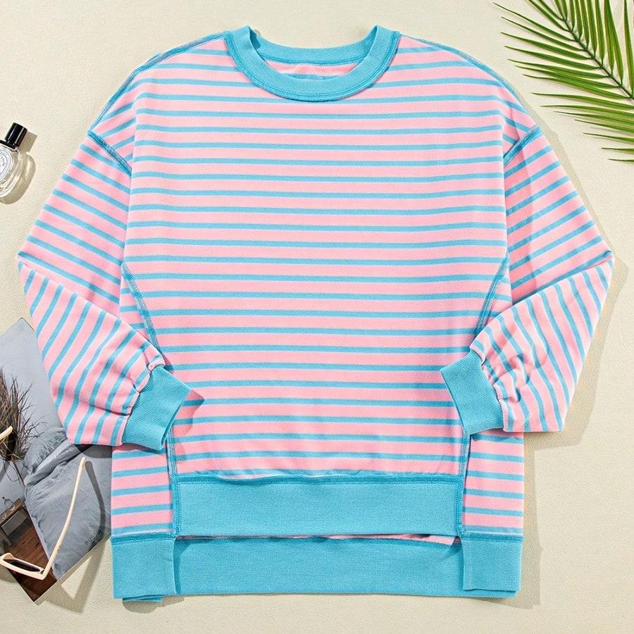 Boho Retro 90's Cotton Mix  Drop Shoulder Pink Mint Stripe Color Block Oversized Dolman T Shirt Top Shirt Blouse | Small-3 XL