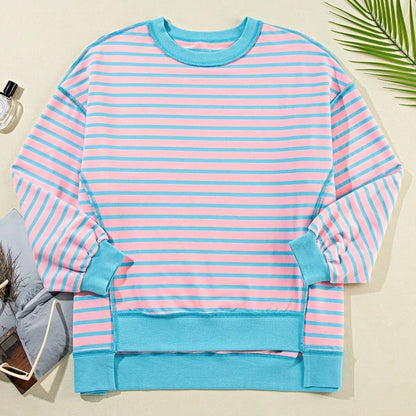 Boho Retro 90's Cotton Mix  Drop Shoulder Pink Mint Stripe Color Block Oversized Dolman T Shirt Top Shirt Blouse | Small-3 XL