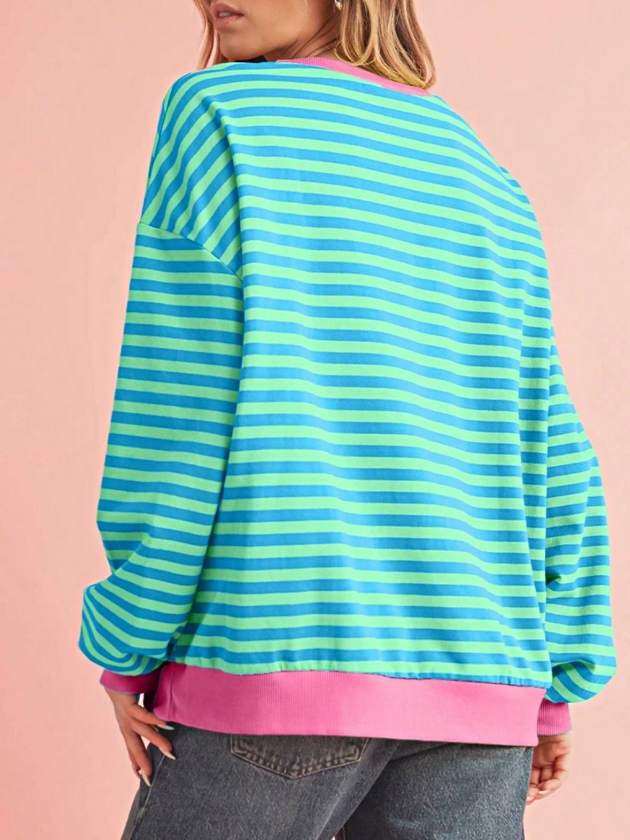 Boho Retro 90's Cotton Mix  Drop Shoulder Pink Mint Stripe Color Block Oversized Dolman T Shirt Top Shirt Blouse | Small-3 XL