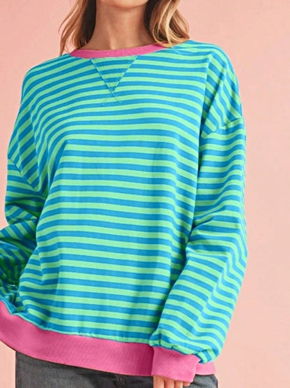 Boho Retro 90's Cotton Mix  Drop Shoulder Pink Mint Stripe Color Block Oversized Dolman T Shirt Top Shirt Blouse | Small-3 XL