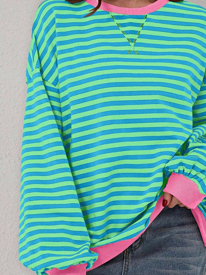 Boho Retro 90's Cotton Mix  Drop Shoulder Pink Mint Stripe Color Block Oversized Dolman T Shirt Top Shirt Blouse | Small-3 XL