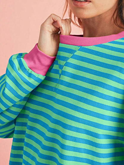 Boho Retro 90's Cotton Mix  Drop Shoulder Pink Mint Stripe Color Block Oversized Dolman T Shirt Top Shirt Blouse | Small-3 XL