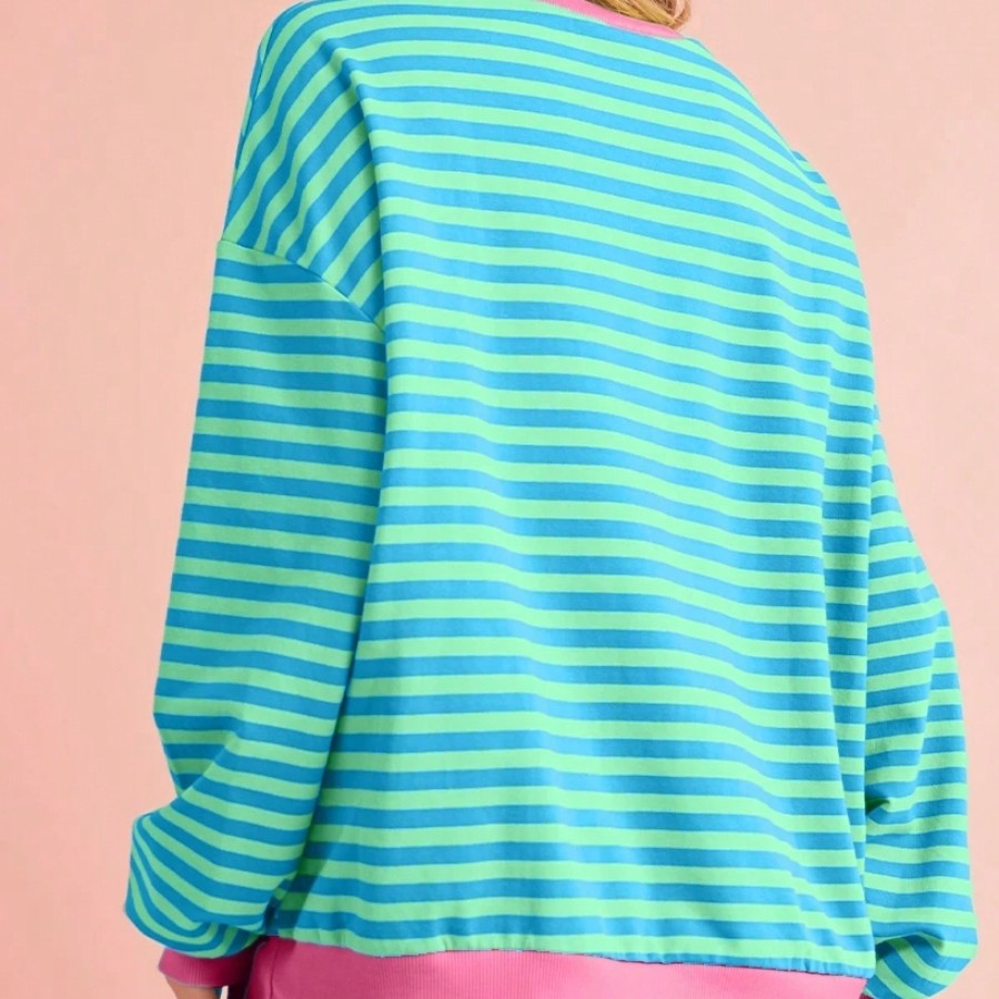Boho Retro 90's Cotton Mix  Drop Shoulder Pink Mint Stripe Color Block Oversized Dolman T Shirt Top Shirt Blouse | Small-3 XL