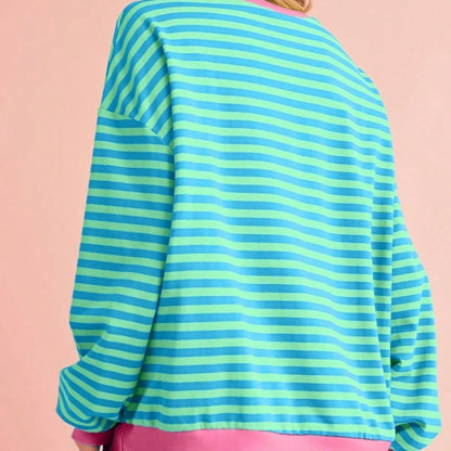 Boho Retro 90's Cotton Mix  Drop Shoulder Pink Mint Stripe Color Block Oversized Dolman T Shirt Top Shirt Blouse | Small-3 XL