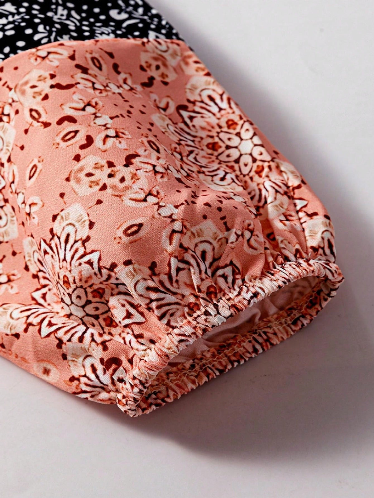 Boho Retro 90's Vintage Ditsy Floral V Neck Cable Knit Print  Bubble Puff Long Sleeve Tunic Drawstring Top Sweater