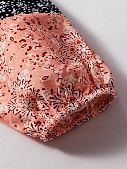 Boho Retro 90's Vintage Ditsy Floral V Neck Cable Knit Print  Bubble Puff Long Sleeve Tunic Drawstring Top Sweater