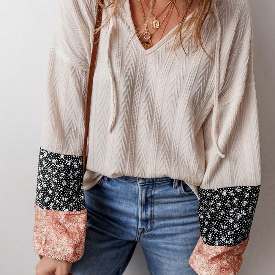 Boho Retro 90's Vintage Ditsy Floral V Neck Cable Knit Print  Bubble Puff Long Sleeve Tunic Drawstring Top Sweater