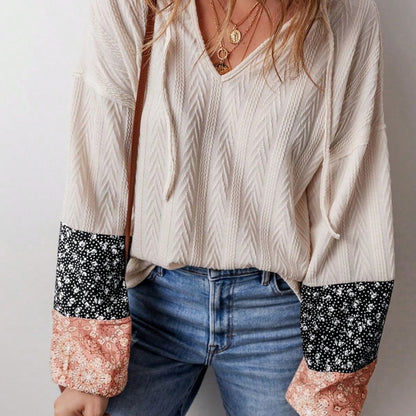 Boho Retro 90's Vintage Ditsy Floral V Neck Cable Knit Print  Bubble Puff Long Sleeve Tunic Drawstring Top Sweater