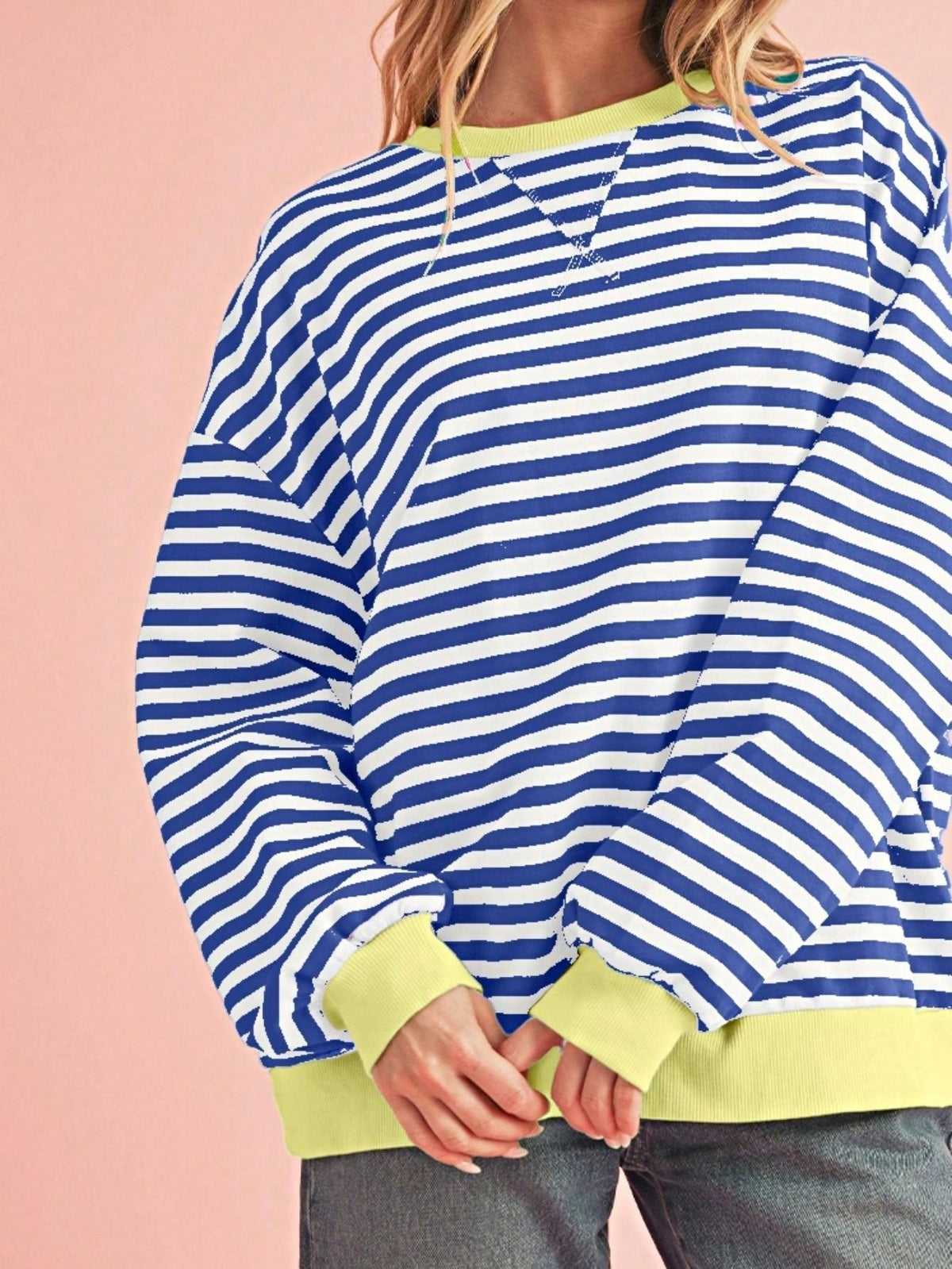 Boho Retro 90's Cotton Mix  Drop Shoulder Pink Mint Stripe Color Block Oversized Dolman T Shirt Top Shirt Blouse | Small-3 XL