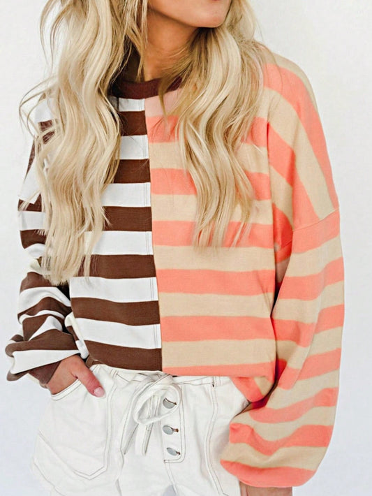 Boho Retro Vintage 90's Vibe Cotton Drop Shoulder Over Size Color Block Sleeve  Stripe Sweat Shirt  Top Pull Over Sweater
