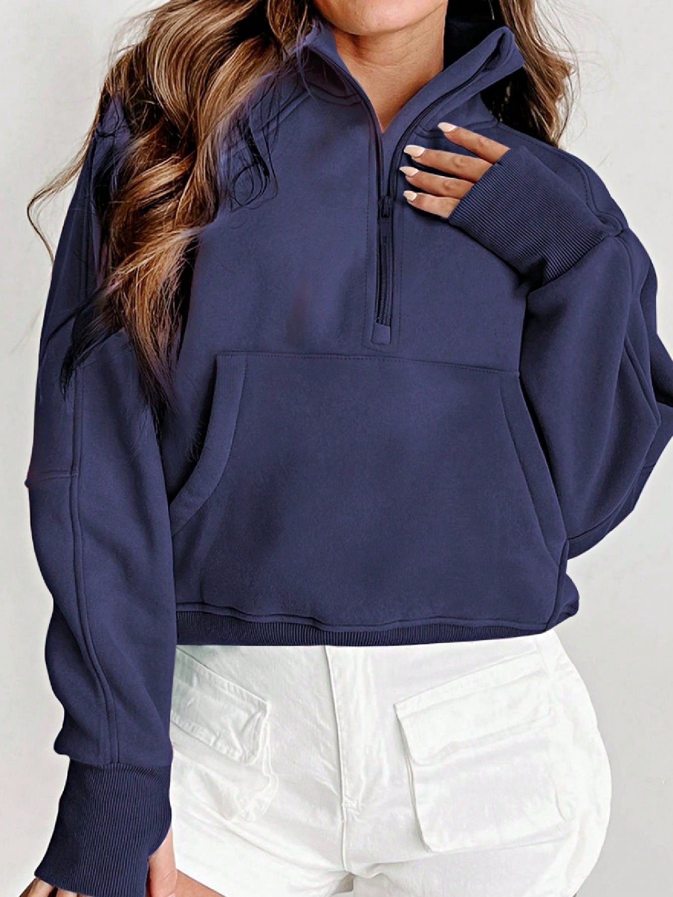 Boho Retro Vintage 90's Cotton Stand Collar  Solid Kangaroo Front Pocket Thumbhole Long Sleeve Zip Up Top Sweatshirt Pullover