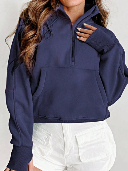 Boho Retro Vintage 90's Cotton Stand Collar  Solid Kangaroo Front Pocket Thumbhole Long Sleeve Zip Up Top Sweatshirt Pullover