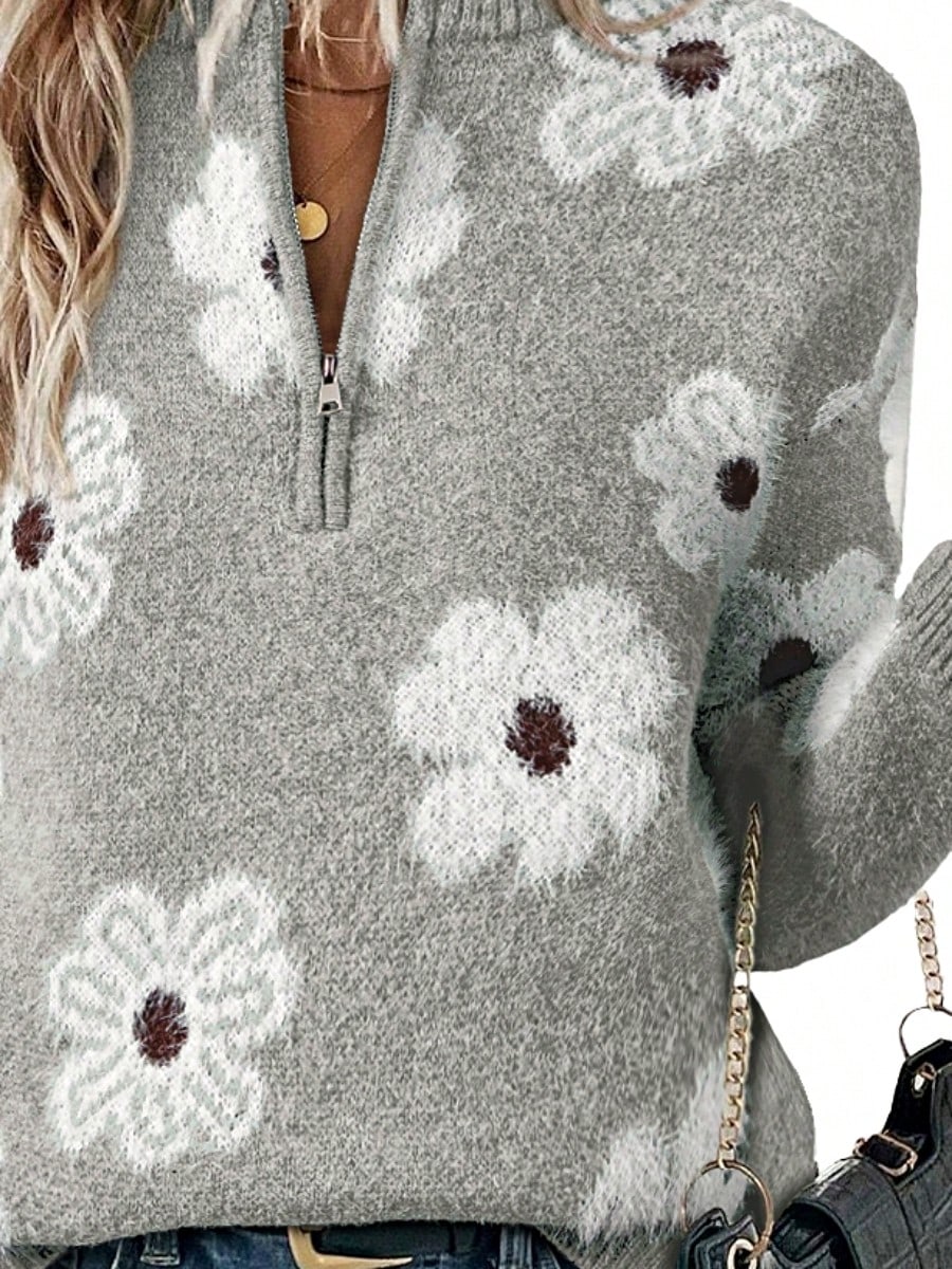 Boho Retro 60's Vintage Half Zip Collar Drop Shoulder Fuzzy Cozy Floral Pink Grey  Shirt Top  Sweatshirt Pullover