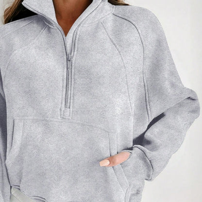 Boho Retro Vintage 90's Cotton Stand Collar  Solid Kangaroo Front Pocket Thumbhole Long Sleeve Zip Up Top Sweatshirt Pullover