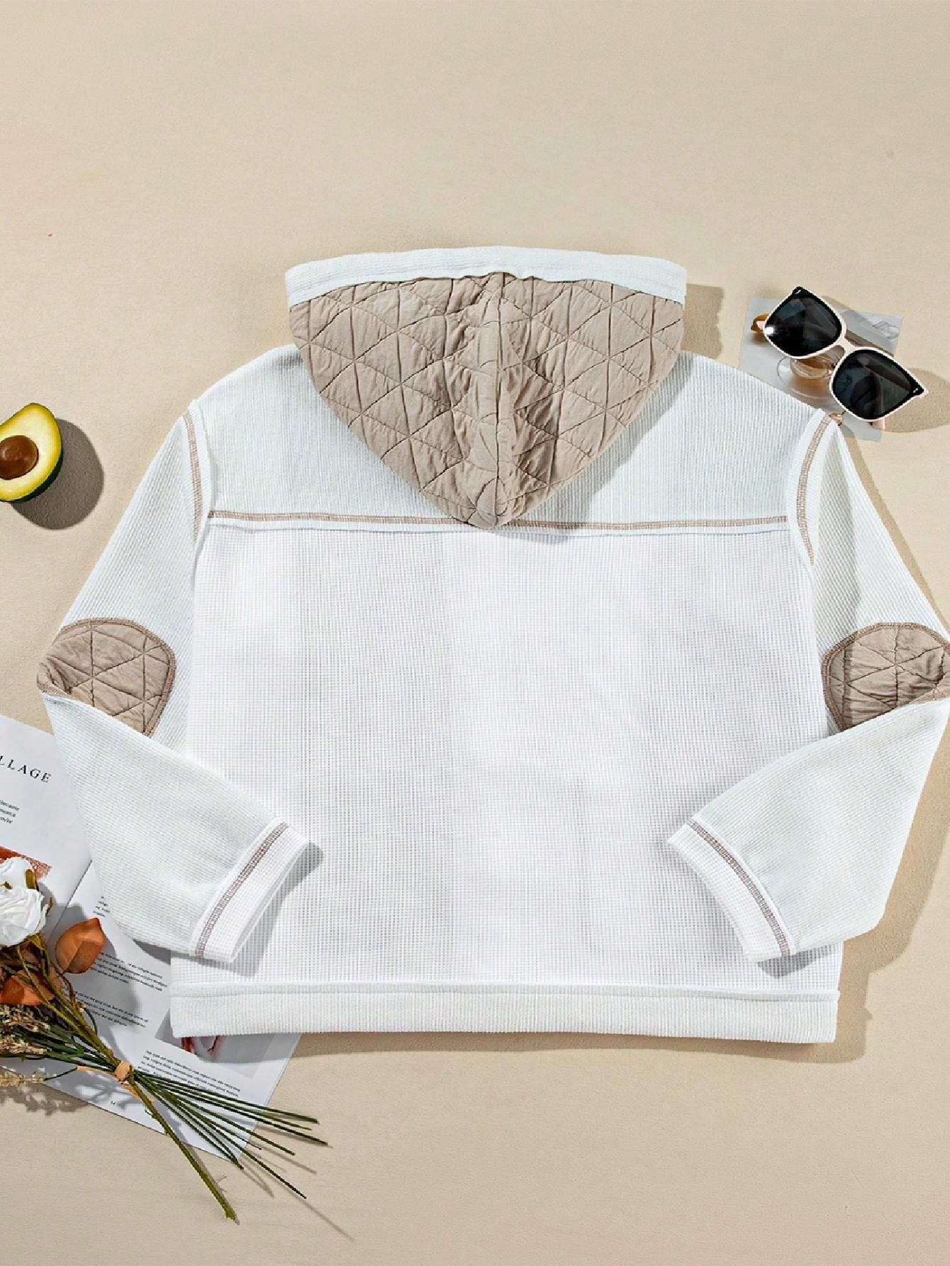 Boho Retro 90's  Classic Cream Beige Ribbed Quilted Textured Hooded Button Jacket Cardigan Outer