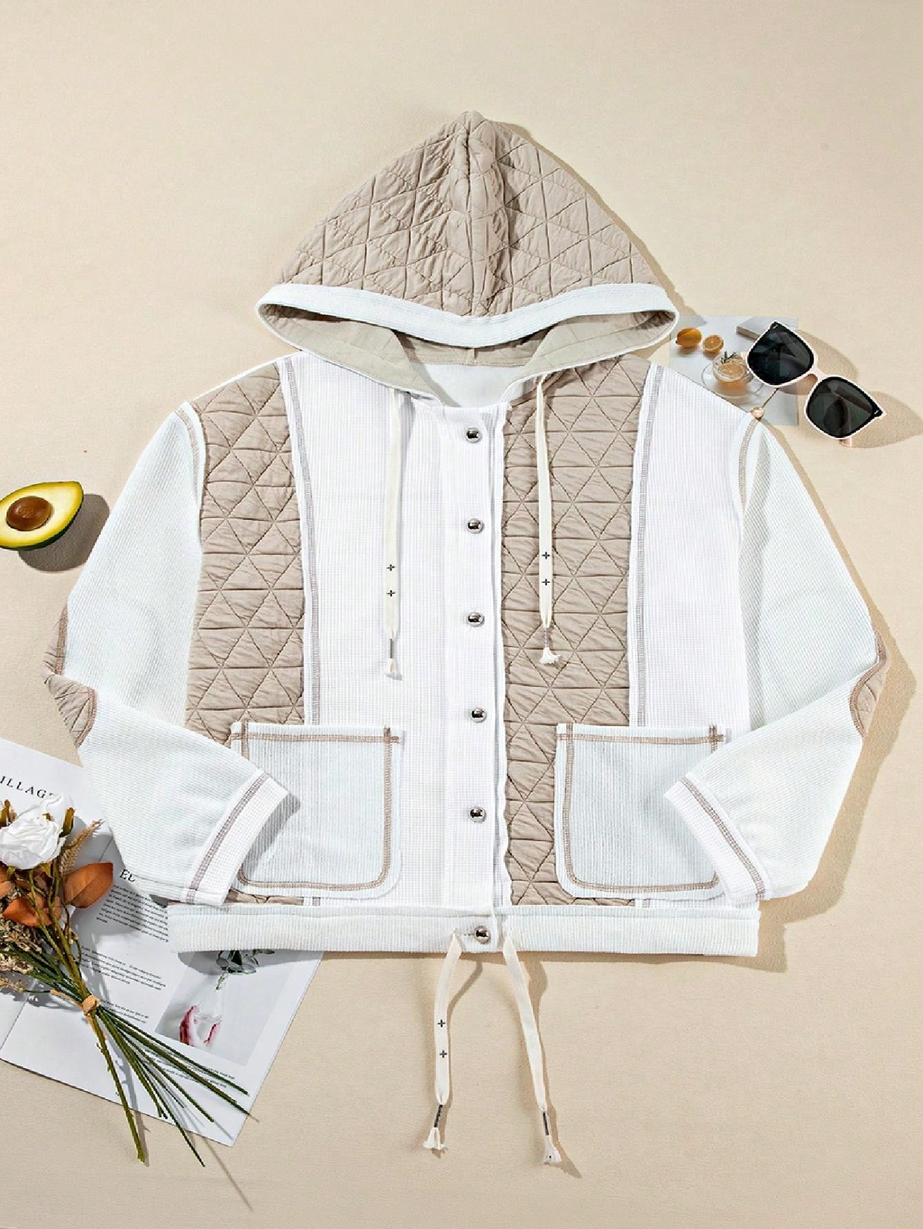 Boho Retro 90's  Classic Cream Beige Ribbed Quilted Textured Hooded Button Jacket Cardigan Outer