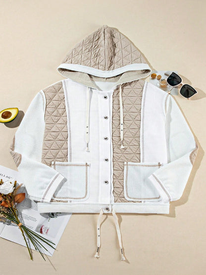 Boho Retro 90's  Classic Cream Beige Ribbed Quilted Textured Hooded Button Jacket Cardigan Outer