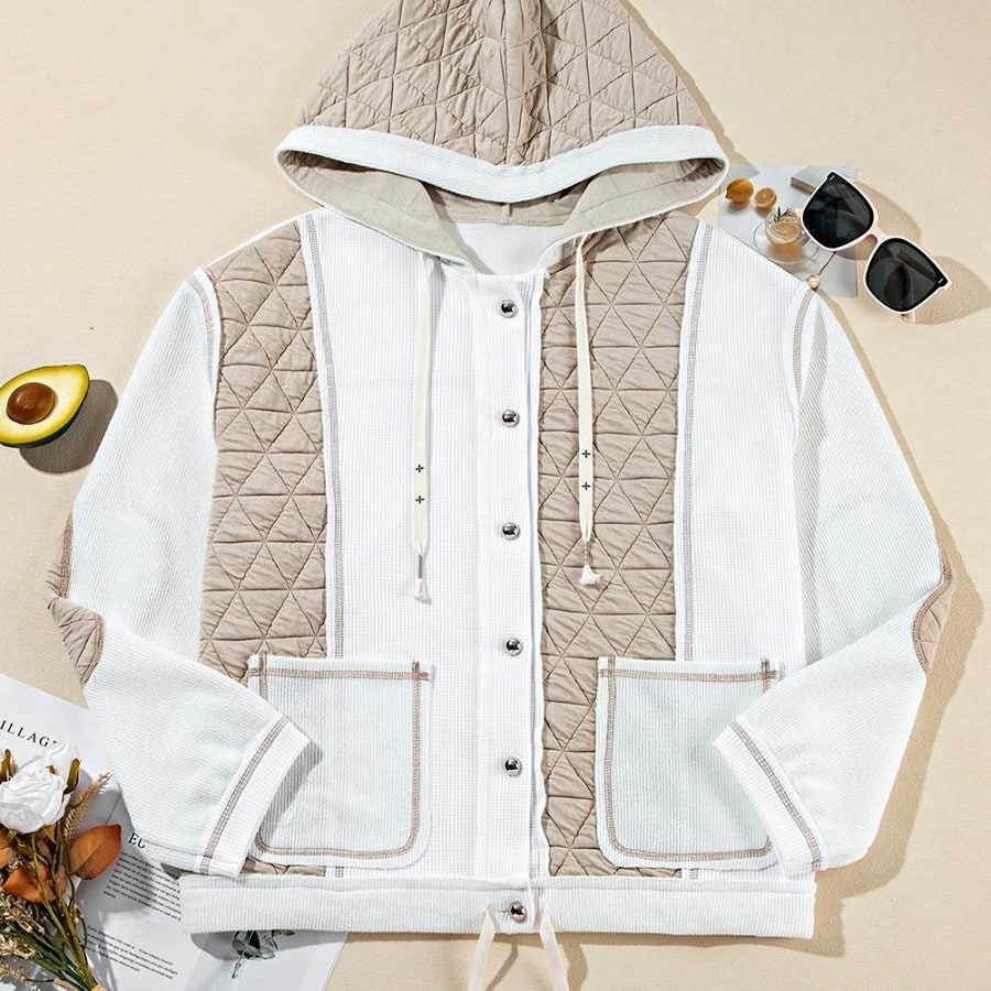 Boho Retro 90's  Classic Cream Beige Ribbed Quilted Textured Hooded Button Jacket Cardigan Outer