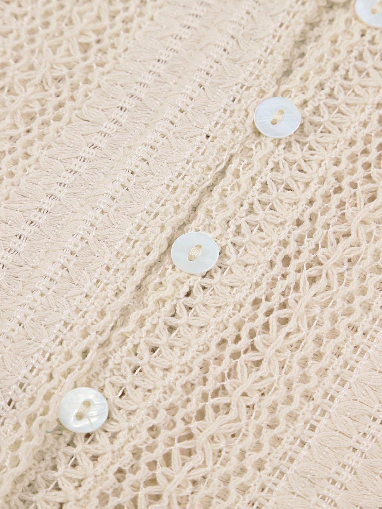 Boho Retro Vintage Cotton 90's Ivory Beige Crochet V Neck Long Sleeve Lace Loose Knit  Button Top Shirt Blouse Cardigan
