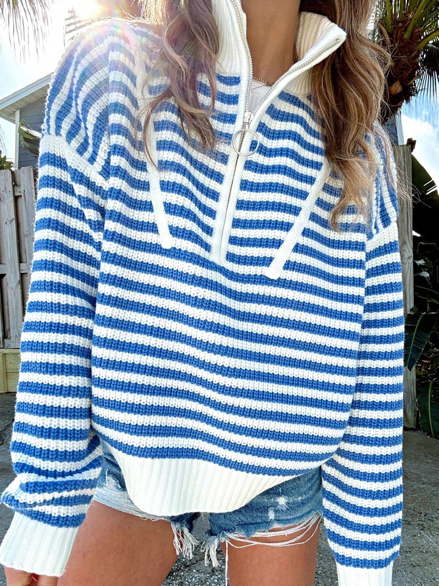 Boho Retro Vintage 90's Vibe Cotton Drop Shoulder Over Size High Neck Zip Up Sleeve  Stripe Sweat Shirt  Top PullOver Sweater