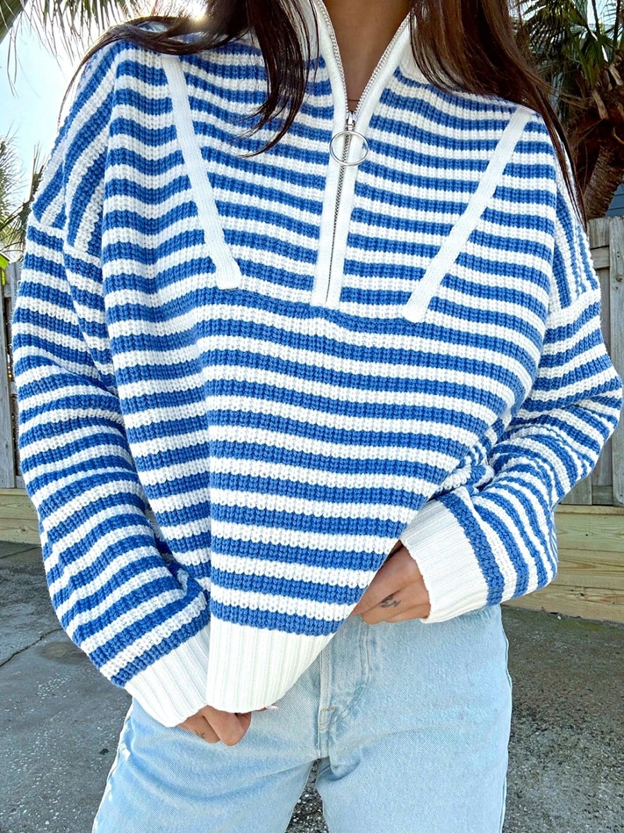 Boho Retro Vintage 90's Vibe Cotton Drop Shoulder Over Size High Neck Zip Up Sleeve  Stripe Sweat Shirt  Top PullOver Sweater