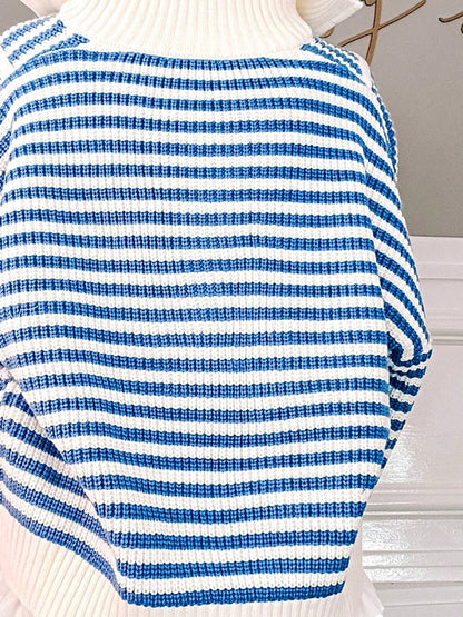 Boho Retro Vintage 90's Vibe Cotton Drop Shoulder Over Size High Neck Zip Up Sleeve  Stripe Sweat Shirt  Top PullOver Sweater