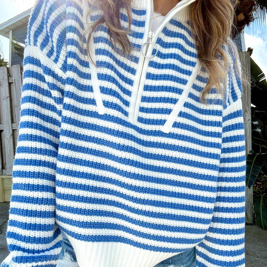 Boho Retro Vintage 90's Vibe Cotton Drop Shoulder Over Size High Neck Zip Up Sleeve  Stripe Sweat Shirt  Top PullOver Sweater