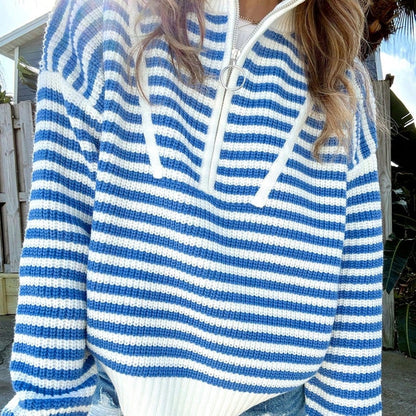 Boho Retro Vintage 90's Vibe Cotton Drop Shoulder Over Size High Neck Zip Up Sleeve  Stripe Sweat Shirt  Top PullOver Sweater