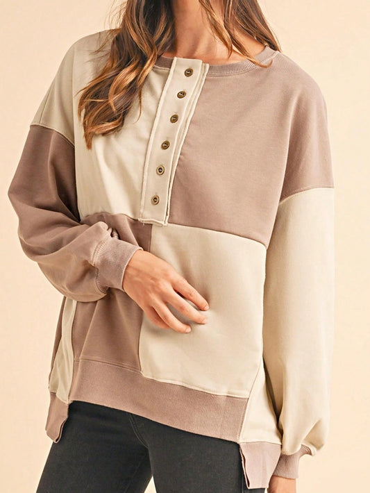 Boho Retro Vintage 90's Pink Vanilla Beige Drop Shoulder Oversized Henry Puff Bishop Sleeve Top Sweat Shirt Pullover