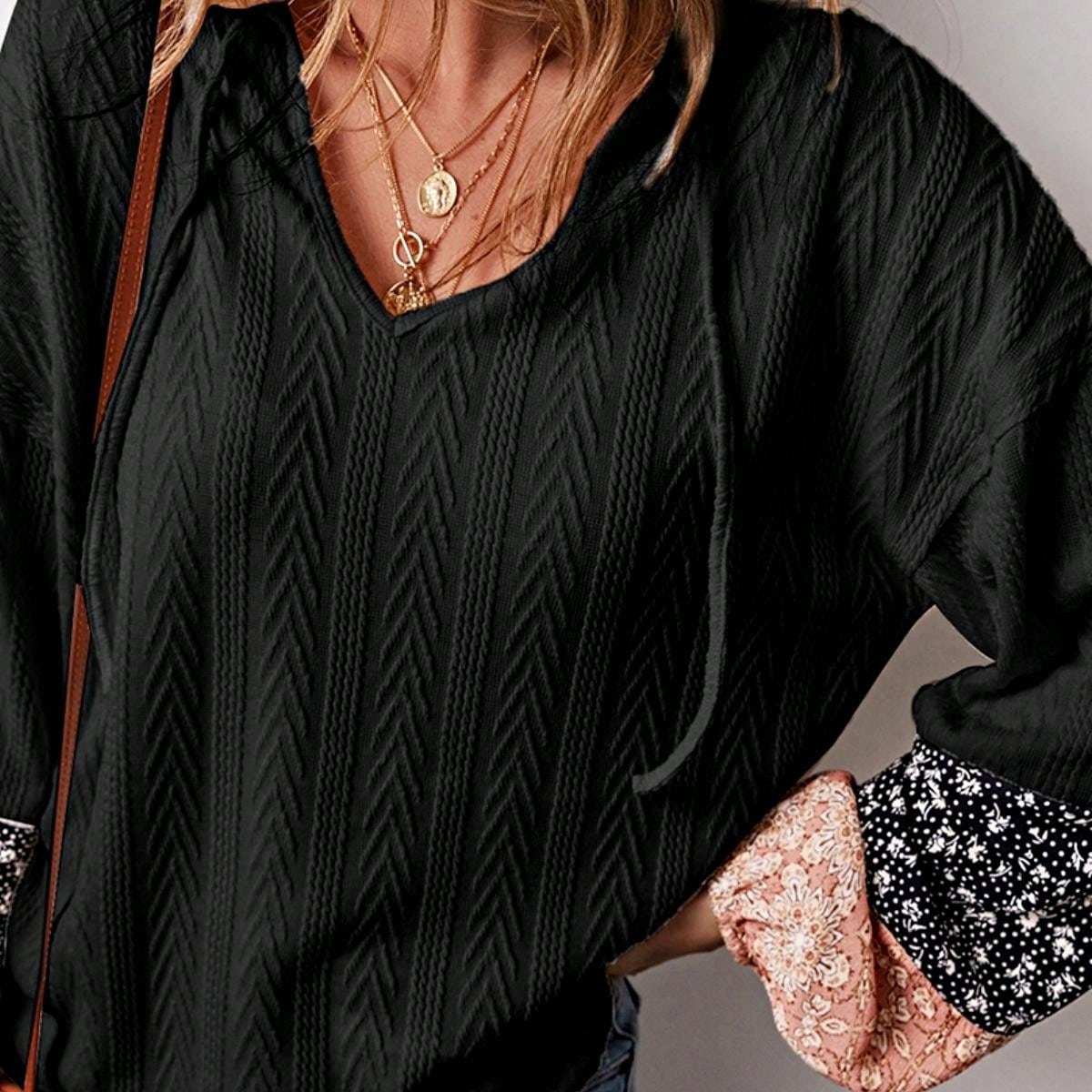 Boho Retro 90's Vintage Ditsy Floral V Neck Cable Knit Print  Bubble Puff Long Sleeve Tunic Drawstring Top Sweater