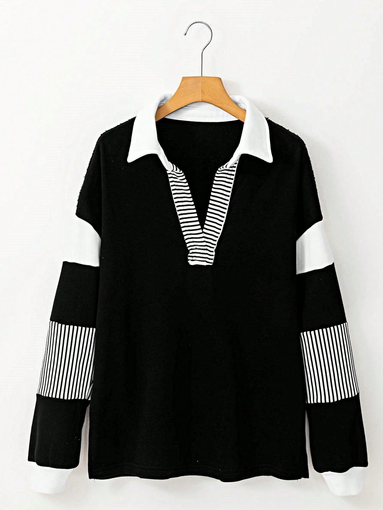 Boho Retro Vintage 90's Stripe Cotton Drop Shoulder Over Size V Neck Rugby  Preppy Shirt  Top Pullover Sweater