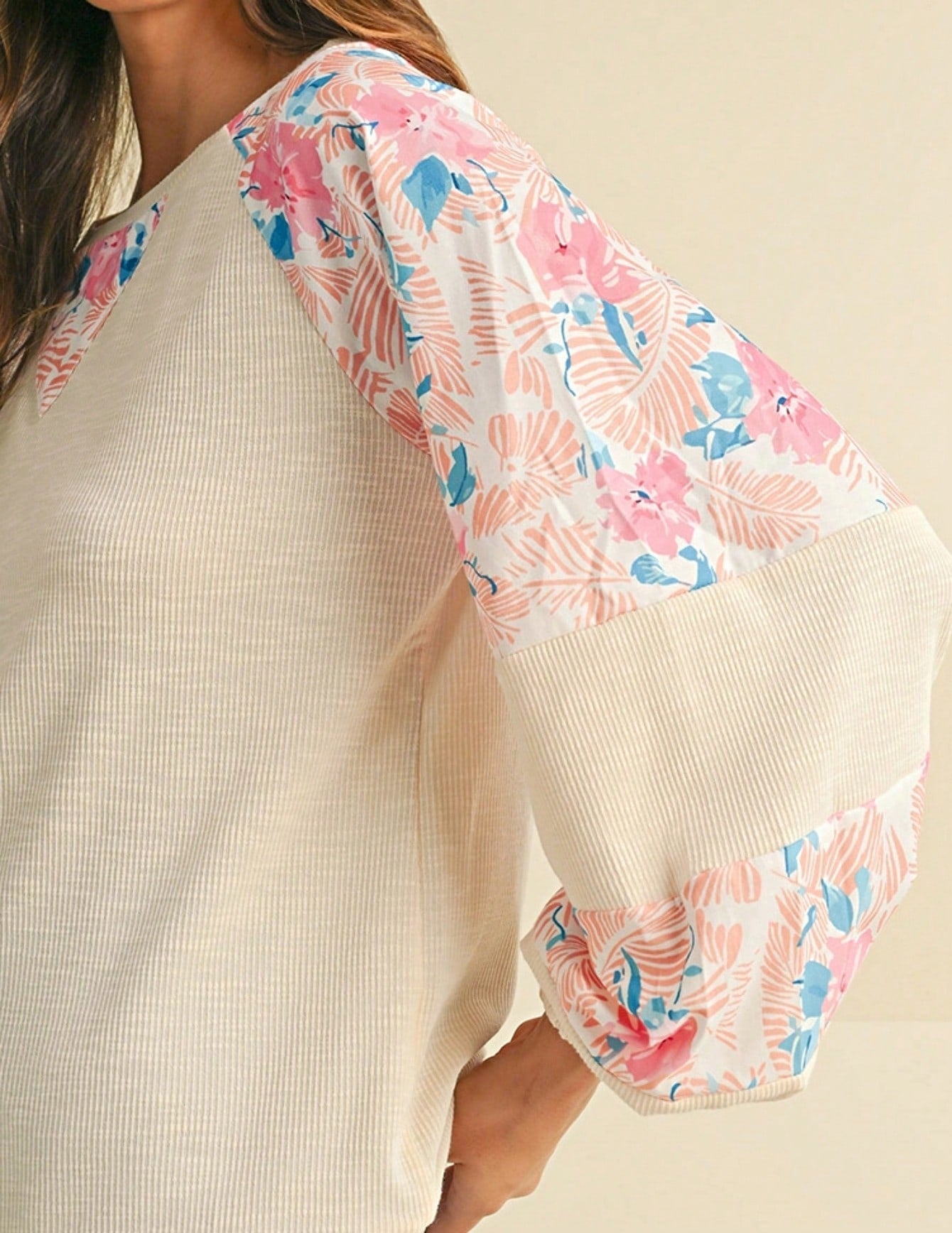 Boho Retro Vintage 60's Vibe Cream Cotton Raglan Lantern Bubble Puff  Sleeve  Floral Rib Patchwork Top Sweat Shirt Blouse