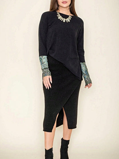 Boho Retro Solid Color Side Slit Quarter Sleeve High And Low Raglan Pleated Back  Rayon Soft Top Shirt Blouse | Small-3 XL