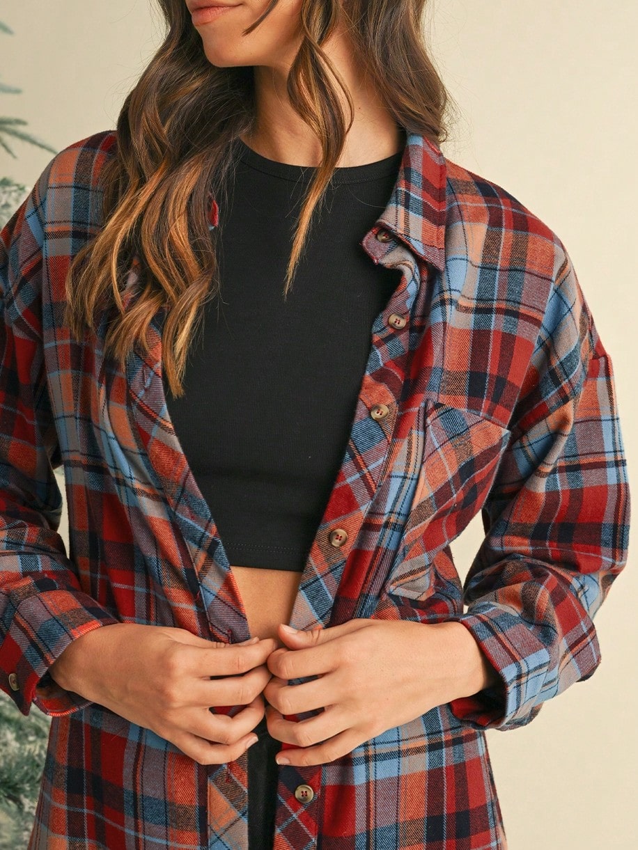 Boho Retro Button Up Vintage 90's Cotton Red Blue Plaid Print Drop Sleeve Loose Shirt Shacket